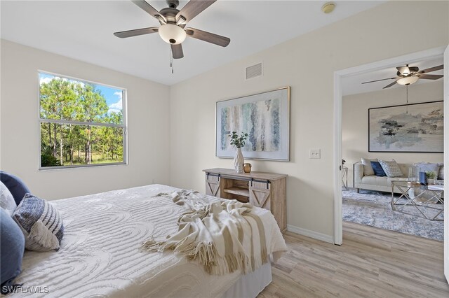 bedroom with ceiling fan and light wood-type flooring