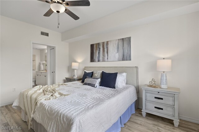 bedroom featuring ceiling fan, light wood-type flooring, and connected bathroom