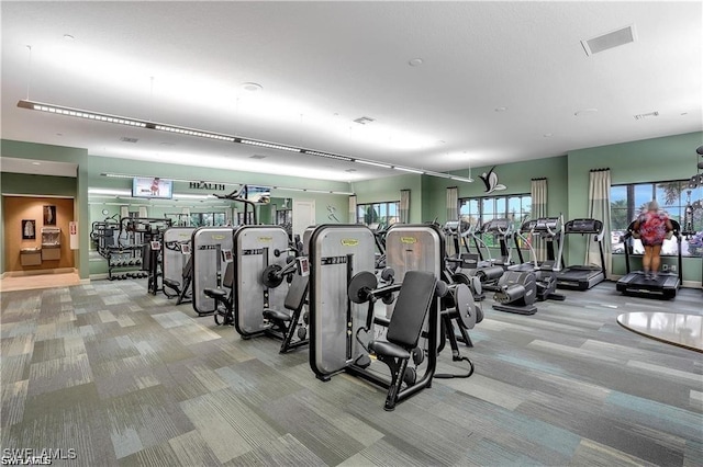 exercise room featuring light colored carpet