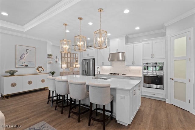 kitchen featuring white cabinets, hanging light fixtures, sink, a center island with sink, and stainless steel appliances