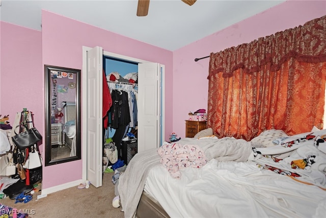 bedroom featuring carpet flooring, a closet, and ceiling fan