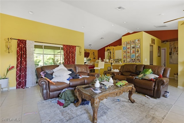 tiled living room featuring vaulted ceiling