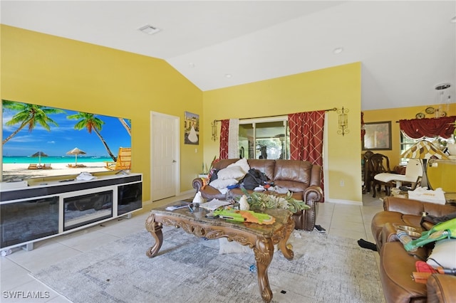 tiled living room featuring lofted ceiling