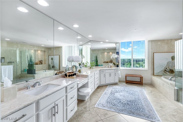 bathroom with vanity and plus walk in shower