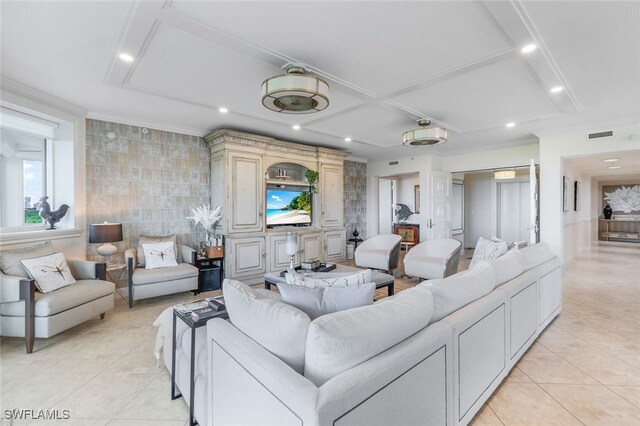 living room featuring tile walls and light tile patterned flooring