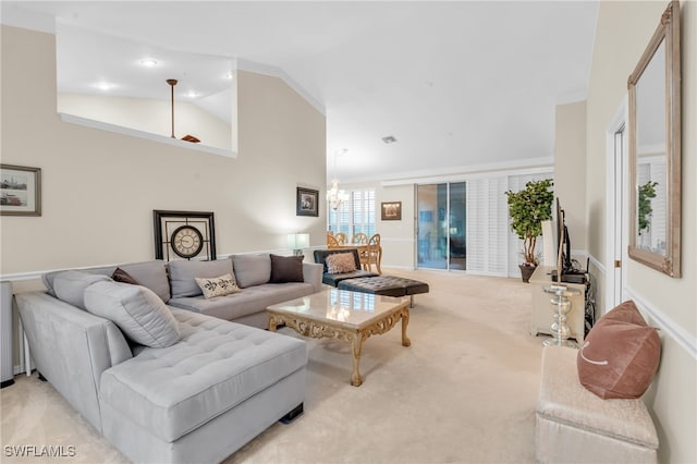 living room with lofted ceiling, light colored carpet, and a chandelier