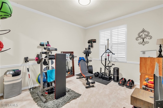 workout area featuring crown molding and light colored carpet