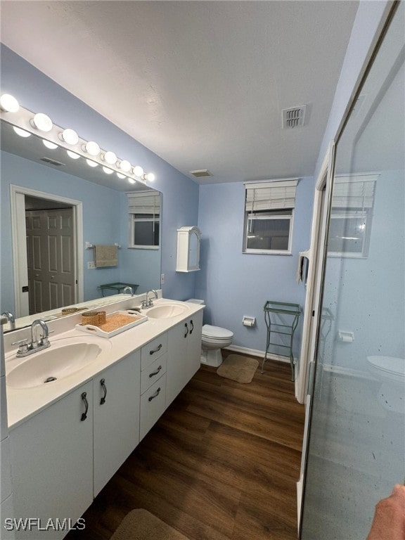 bathroom with vanity, toilet, and hardwood / wood-style flooring