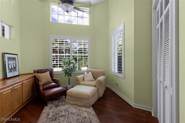 living area with ceiling fan, a high ceiling, dark wood-type flooring, and a healthy amount of sunlight