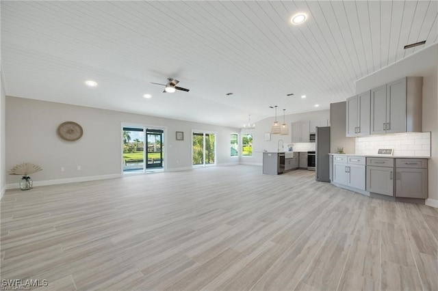 unfurnished living room with ceiling fan, light wood-type flooring, and wood ceiling