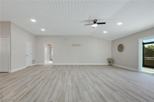 interior space with ceiling fan, light hardwood / wood-style flooring, vaulted ceiling, and wooden ceiling