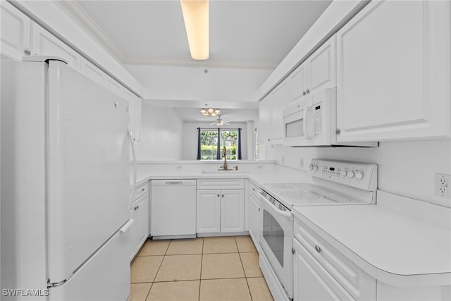 kitchen featuring light tile patterned flooring, sink, white cabinetry, kitchen peninsula, and white appliances