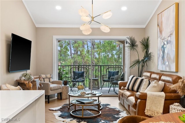 living area featuring recessed lighting, ornamental molding, a chandelier, and light wood-type flooring