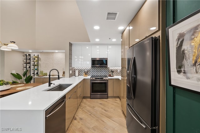 kitchen with appliances with stainless steel finishes, white cabinets, kitchen peninsula, light wood-type flooring, and sink