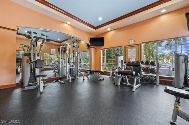 gym with ornamental molding and a healthy amount of sunlight