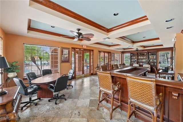 interior space featuring coffered ceiling, beamed ceiling, ceiling fan, indoor bar, and french doors