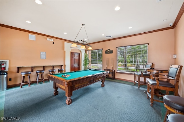 rec room with ornamental molding and pool table