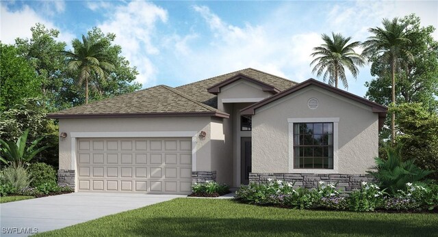 ranch-style home with stone siding, an attached garage, concrete driveway, stucco siding, and a shingled roof