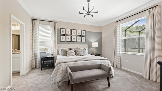 bedroom with ornamental molding, ensuite bathroom, light colored carpet, and a notable chandelier