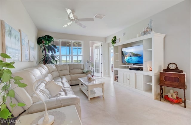 living room with ceiling fan