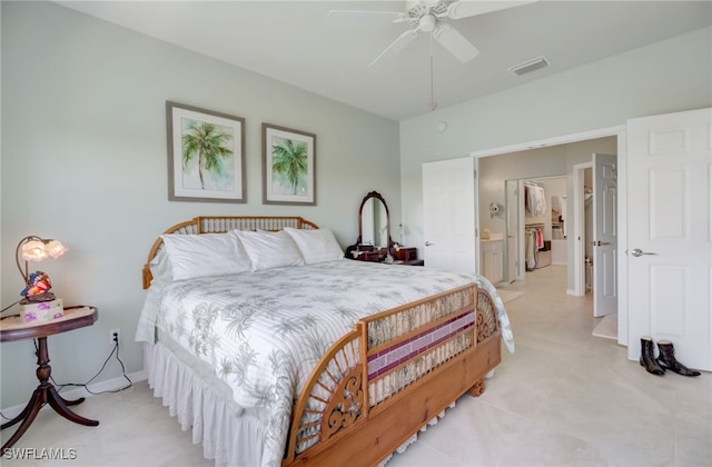 bedroom featuring connected bathroom and ceiling fan