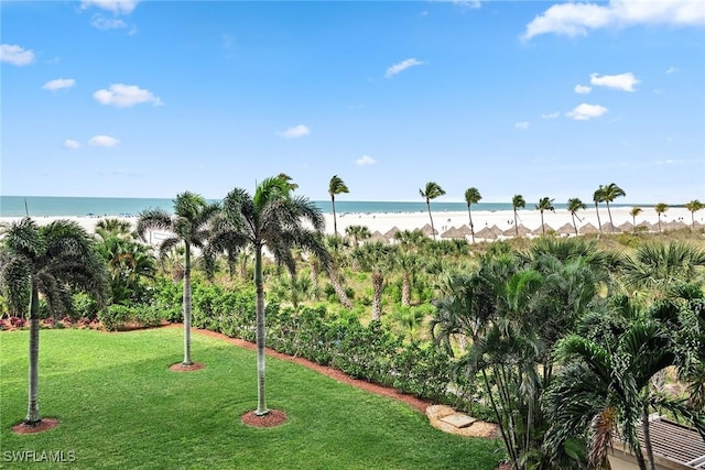 view of community featuring a yard, a water view, and a beach view