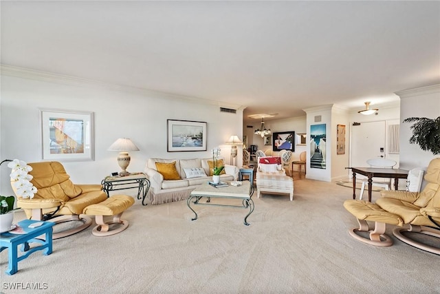 living room featuring light carpet and ornamental molding