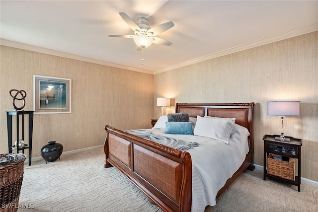 bedroom with carpet flooring, ceiling fan, and ornamental molding