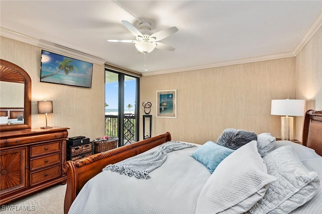 carpeted bedroom with ceiling fan, expansive windows, ornamental molding, and access to outside