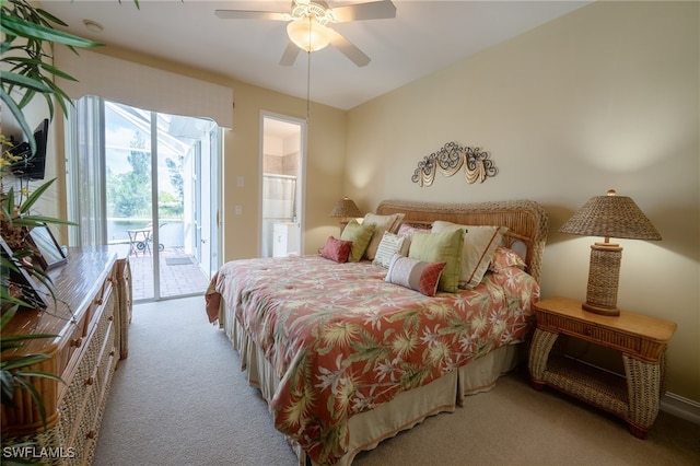 carpeted bedroom featuring ceiling fan and access to exterior