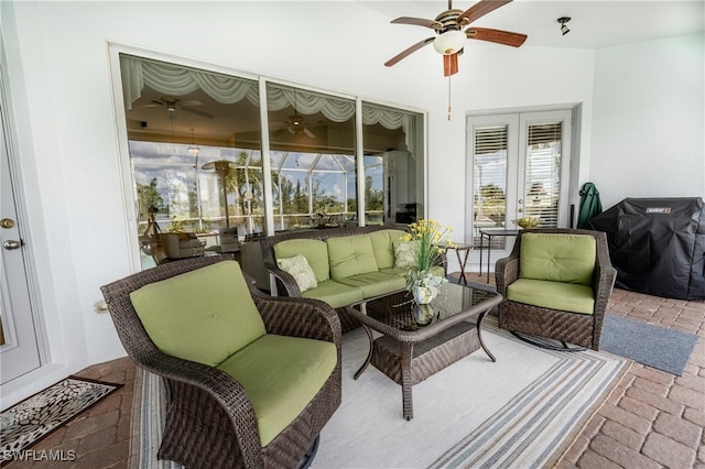 view of patio / terrace featuring ceiling fan, an outdoor hangout area, french doors, and a grill