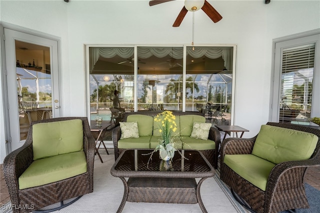 exterior space with an outdoor hangout area and ceiling fan