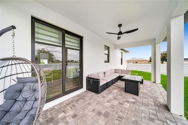 view of patio featuring ceiling fan and an outdoor hangout area