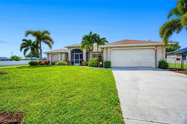 ranch-style house featuring a garage and a front yard