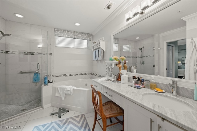 bathroom featuring crown molding, vanity, plus walk in shower, and tile patterned floors