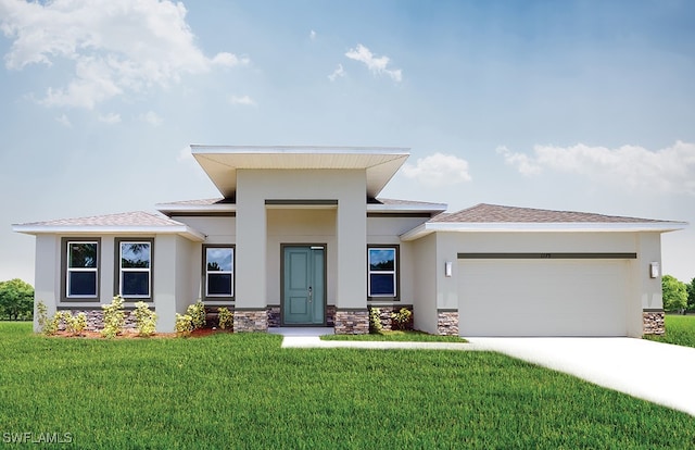 prairie-style home featuring a garage and a front yard