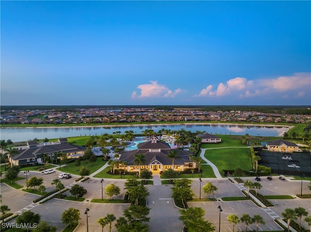 aerial view featuring a water view