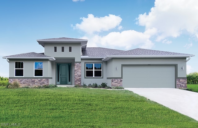 prairie-style home with a front yard and a garage