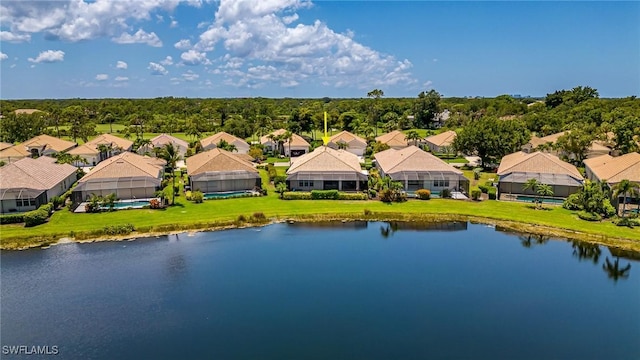 bird's eye view with a water view