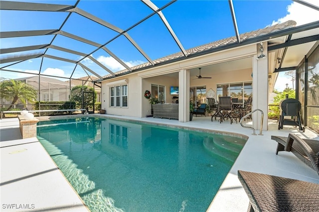 24800 Hollybrier Ln, Bonita Springs, FL 34134 - swimming pool with a patio, ceiling fan, an outdoor living space, and glass enclosure