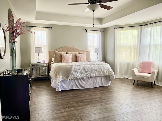 bedroom with dark hardwood / wood-style floors, a tray ceiling, and ceiling fan