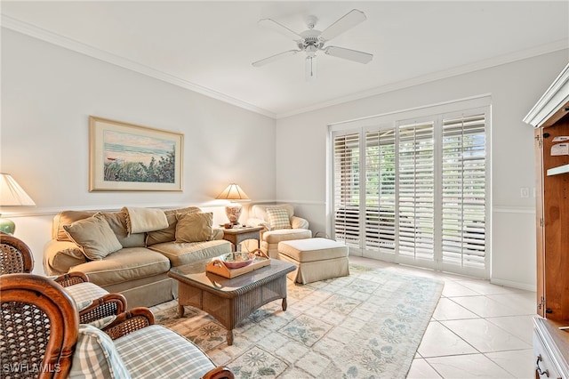 tiled living room featuring ornamental molding and ceiling fan