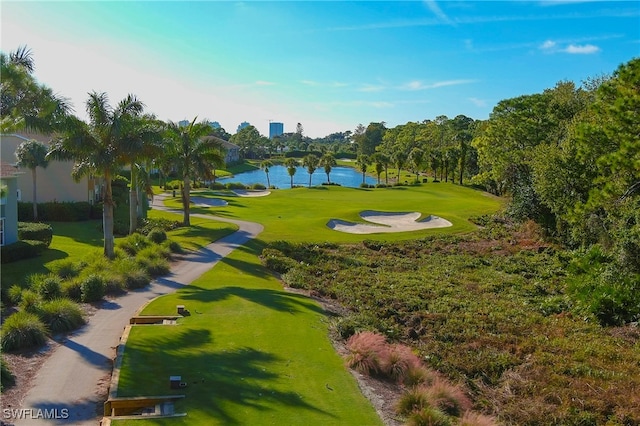 surrounding community with a lawn and a water view