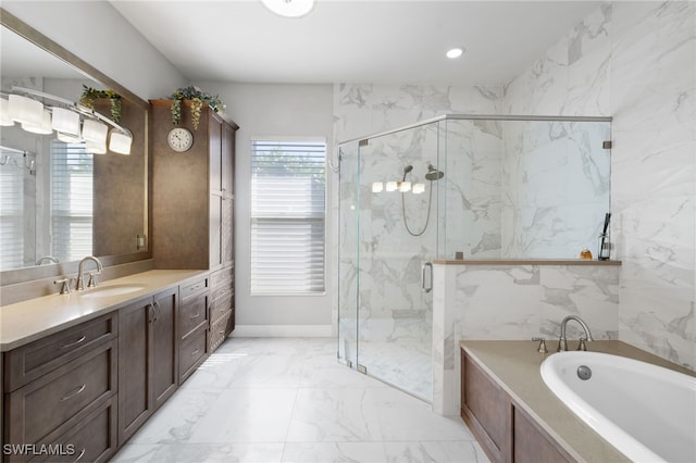3684 Sudbury Ln, Bonita Springs, FL 34134 - bathroom with marble finish flooring, vanity, a garden tub, a marble finish shower, and recessed lighting