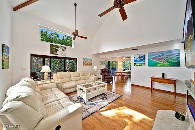 living room with high vaulted ceiling, wood-type flooring, and ceiling fan