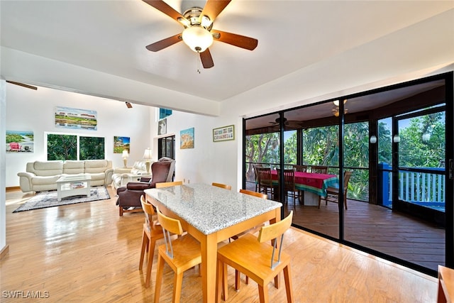 dining room with light hardwood / wood-style flooring and ceiling fan