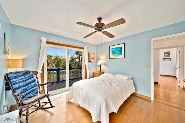 bedroom with ceiling fan, light hardwood / wood-style floors, and access to outside