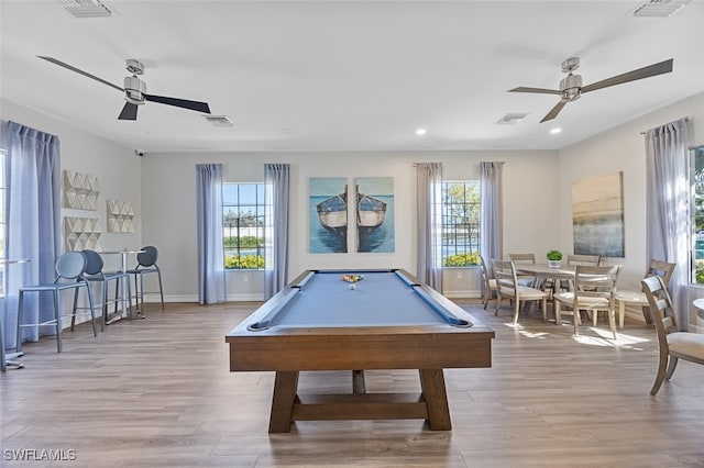 rec room featuring ceiling fan, a healthy amount of sunlight, pool table, and light hardwood / wood-style flooring