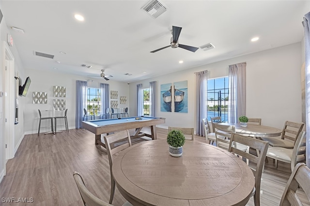 game room featuring ceiling fan, pool table, and hardwood / wood-style floors