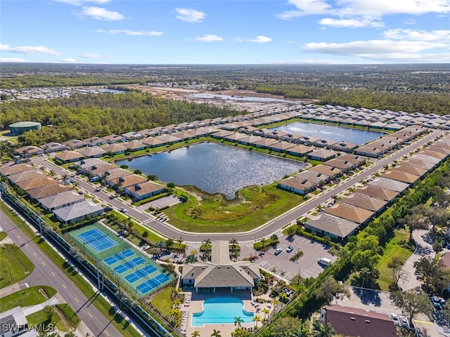 drone / aerial view with a water view